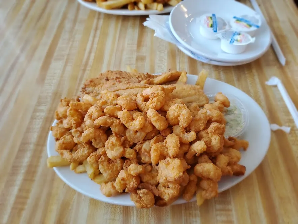 Shrimp and Oyster Plate with Baked Potato and Slaw